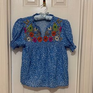 NEW THML Blue Floral Embroidered Top